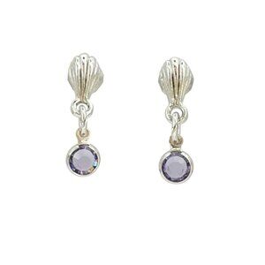 Small Lavender crystal  Silver Scallop earrings
